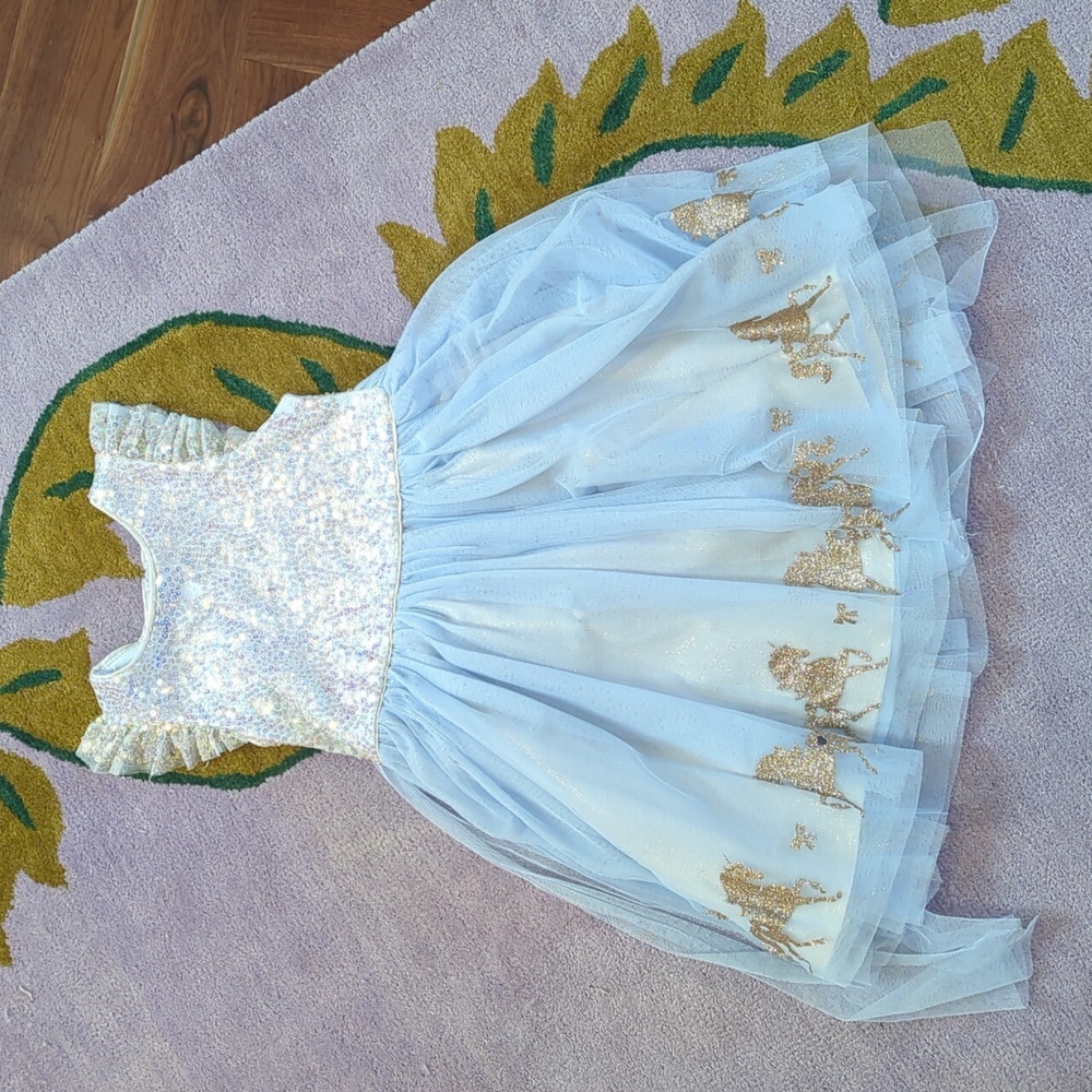 Girls Zunie sequin cap sleeve blue and white glitter unicorn dress size 8